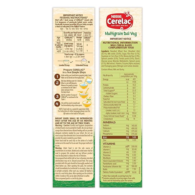 Nestlé CERELAC Multigrain Dal Veg Baby Cereal – Stage 4 (12–24 Months), Iron-Rich & Protein-Packed – 300 g Bag-In-Box