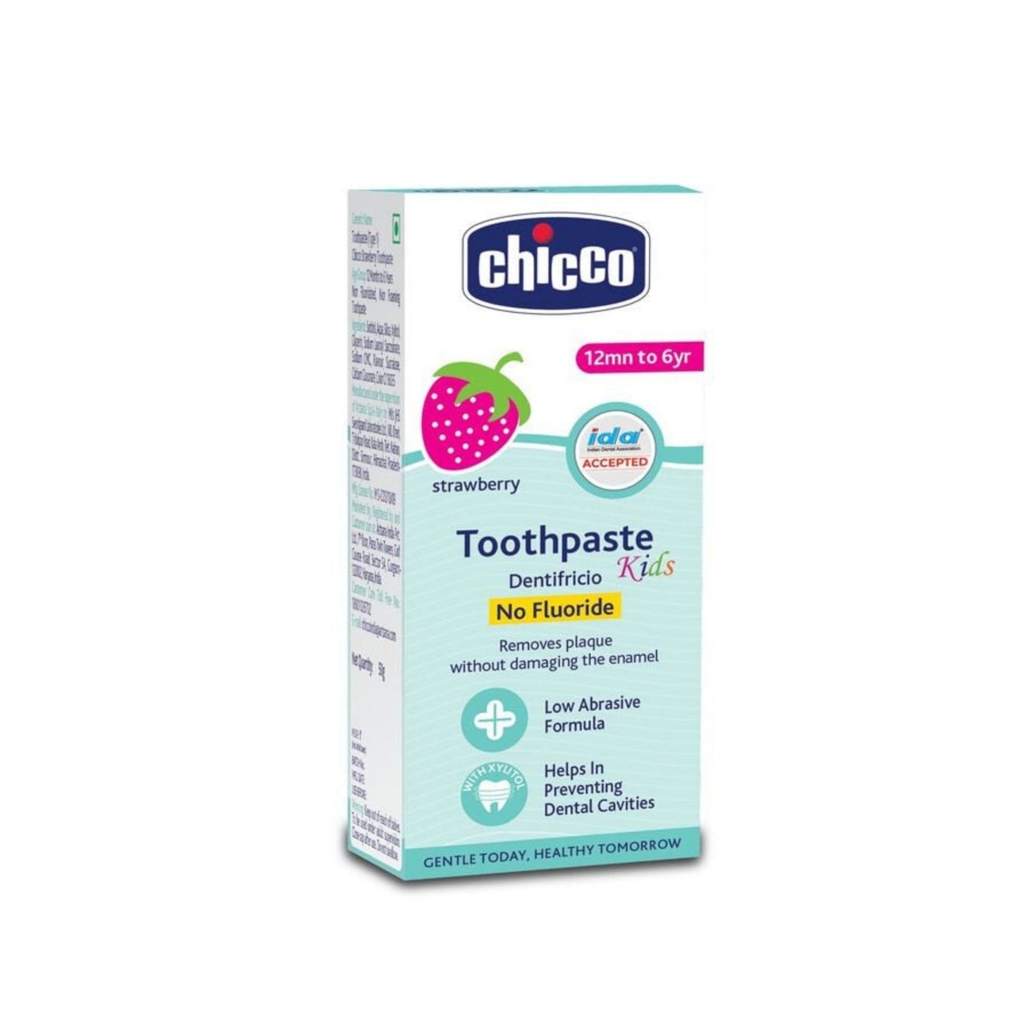Chicco Kids Safe Toothpaste 50g – Strawberry Flavor, Fluoride-Free, Low Abrasive, Plaque Removal & Cavity Prevention, IDA Approved (1–6 Years)