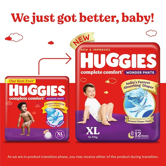 Huggies Complete Comfort Wonder Pants, Extra Large (XL), 34 Count, India’s Fastest Absorbing Diaper, 12–17kg, Pant Style, Prevents Diaper Rash