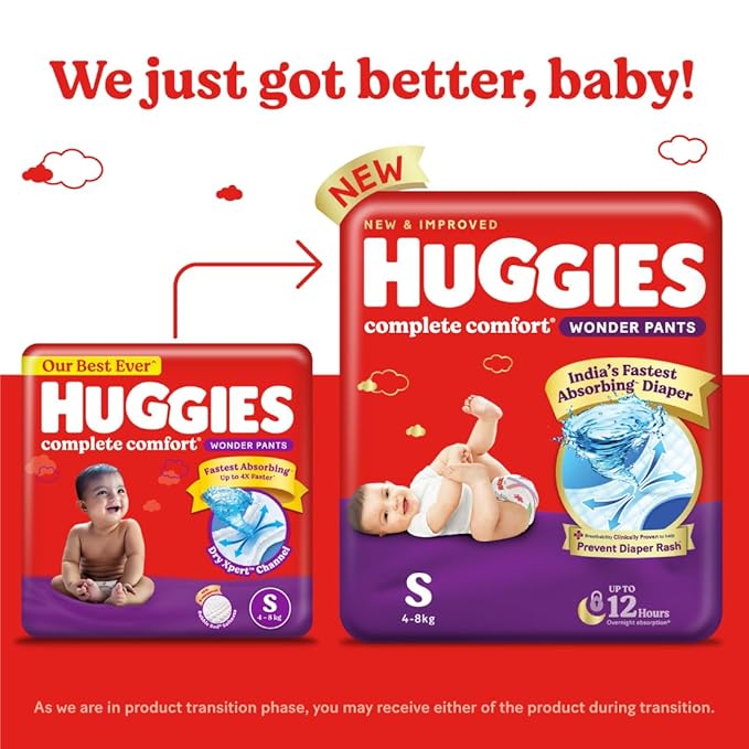 Huggies Complete Comfort Wonder Pants, Small (S), 86 Count, India’s Fastest Absorbing Diaper, 4–8kg, Pant Style, Prevents Diaper Rash