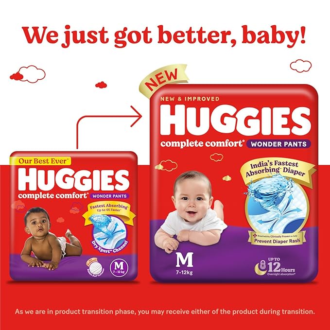 Huggies Complete Comfort Wonder Pants, Medium (M), 76 Count, India’s Fastest Absorbing Diaper, 7–12kg, Pant Style,