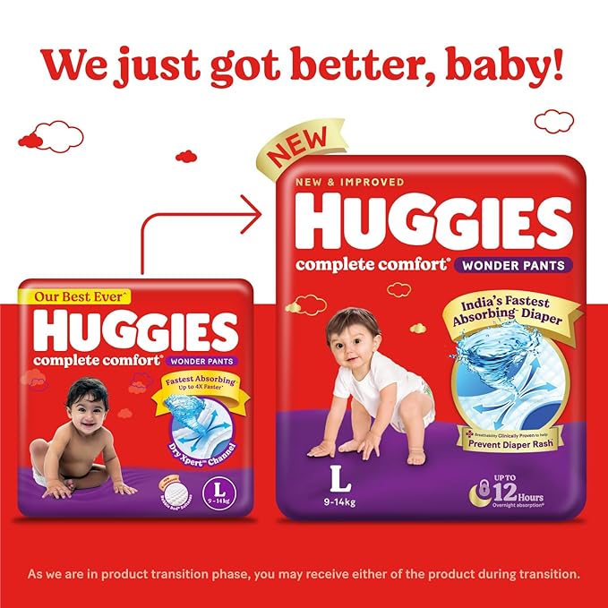 Huggies Complete Comfort Wonder Pants, Large (L), 64 Count, India’s Fastest Absorbing Diaper, 9–14kg,
