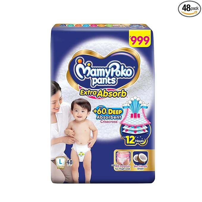 MamyPoko Extra Absorb L-Size Diapers (48 Pack): Gentle, Skin-Friendly (Coconut Oil) for 9-14 kg, Ensuring Deep Sleep