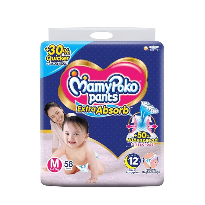MamyPoko Medium (M) Extra Absorb Diapers (58 Count) - For 7-12 kg Babies