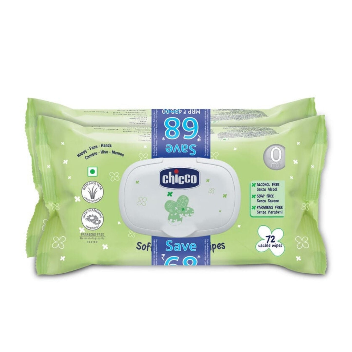 Chicco Baby Wipes Soft Cleansing – 2-Pack (72 Sheets per Pack), Paraben-Free, Dermatologically Tested, Fliptop Packaging