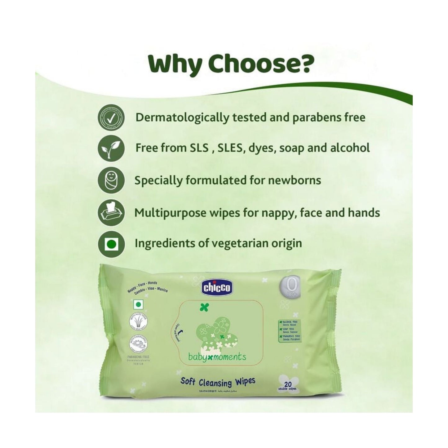 Chicco Baby Wipes Soft Cleansing – 72 Sheets, Paraben-Free, Dermatologically Tested, Fliptop Packaging