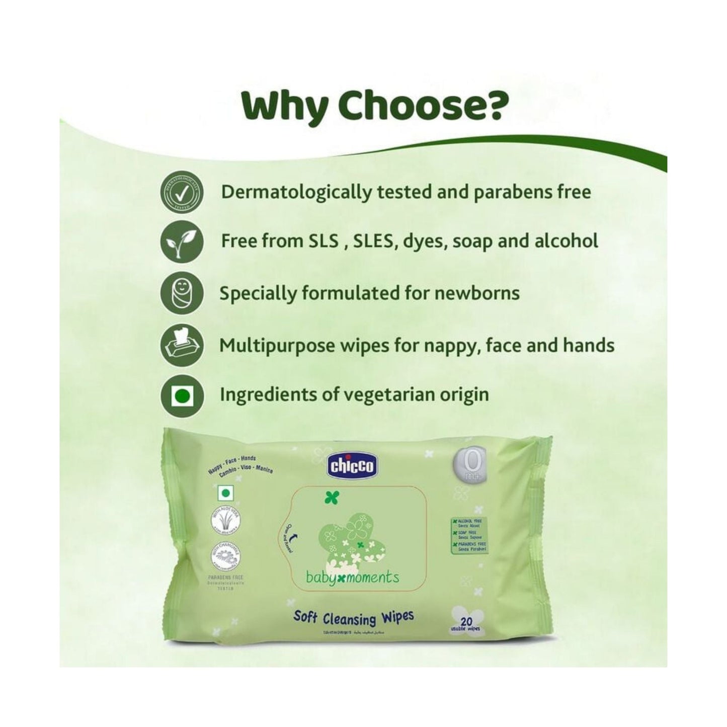 Chicco Baby Wipes Soft Cleansing – 20 Sheets, Paraben-Free, Dermatologically Tested