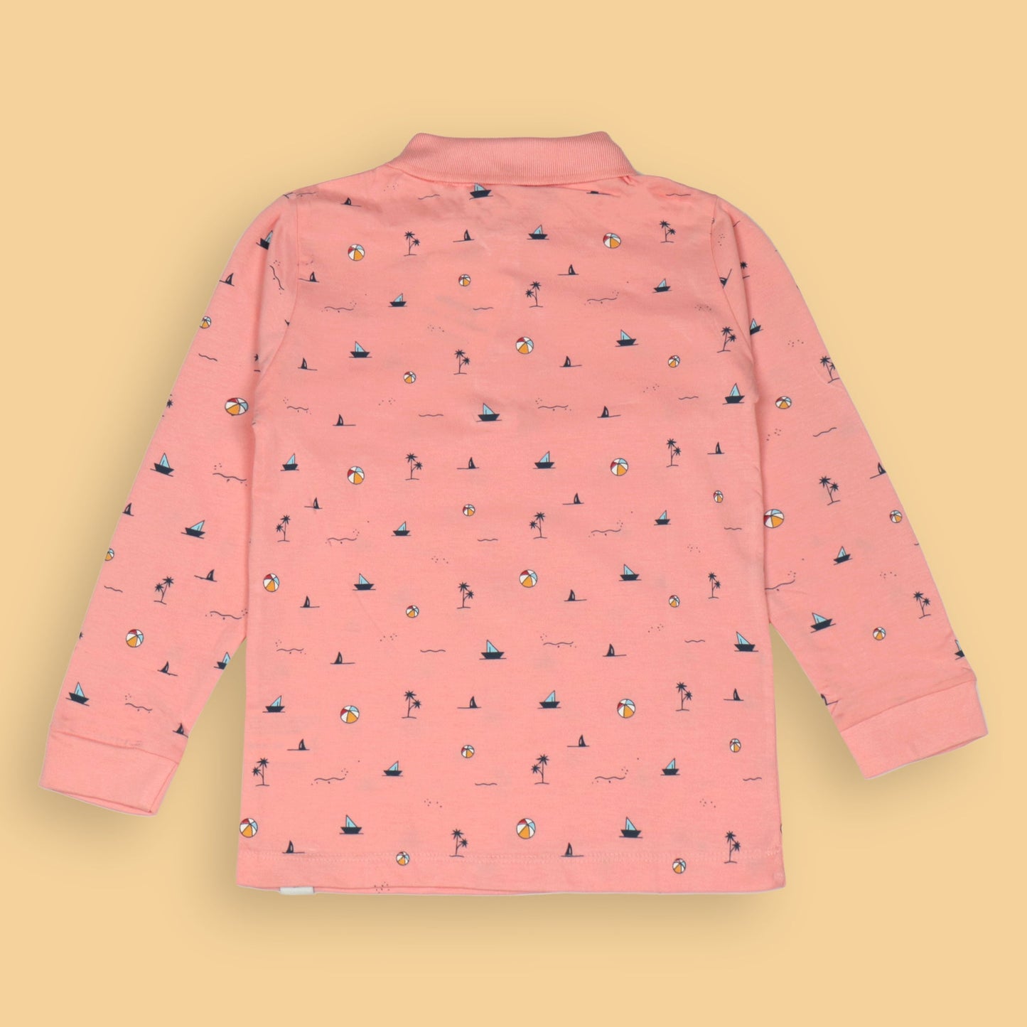 Ollypop Boys’ Pink Full Sleeve Collar T-Shirt – Breathable Pre-Winter & Monsoon Essential with All-Over Beach Vibes Print