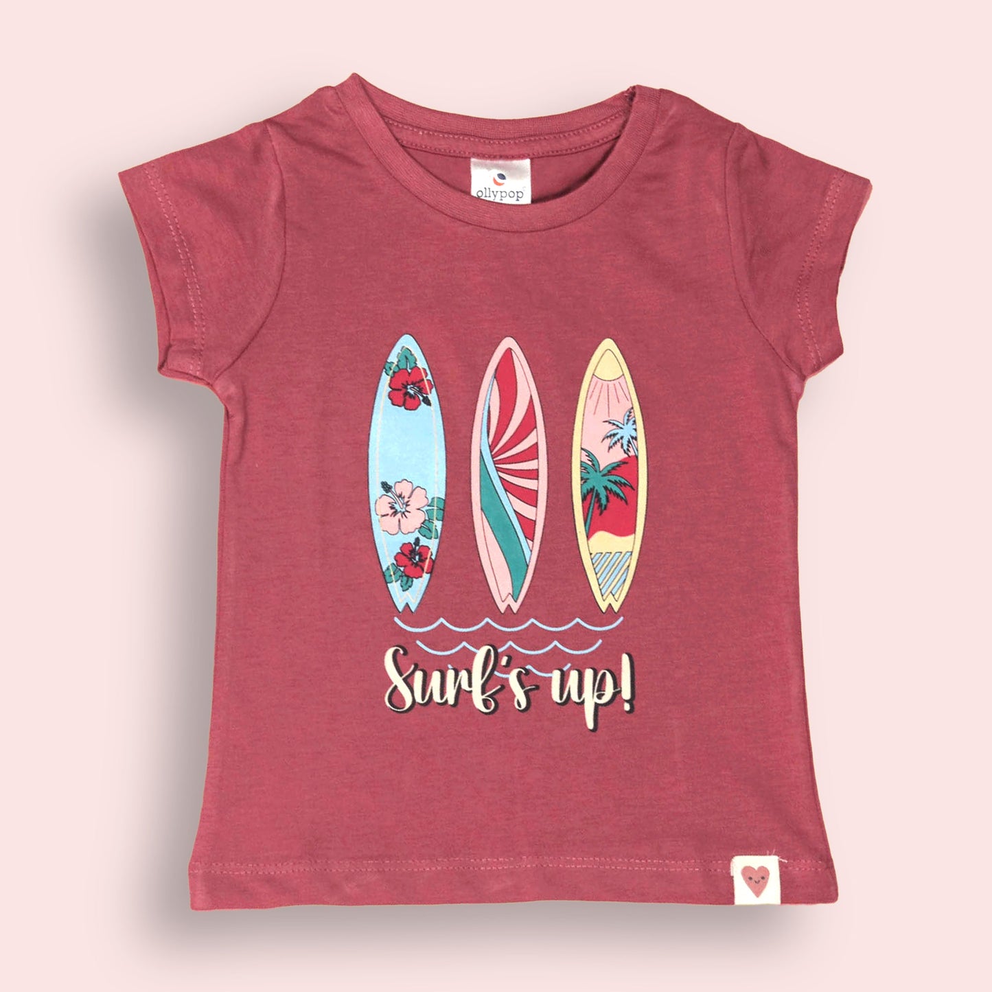 Ollypop Pink Sinker Knit Half Sleeves Top with Surf's Up Text Print