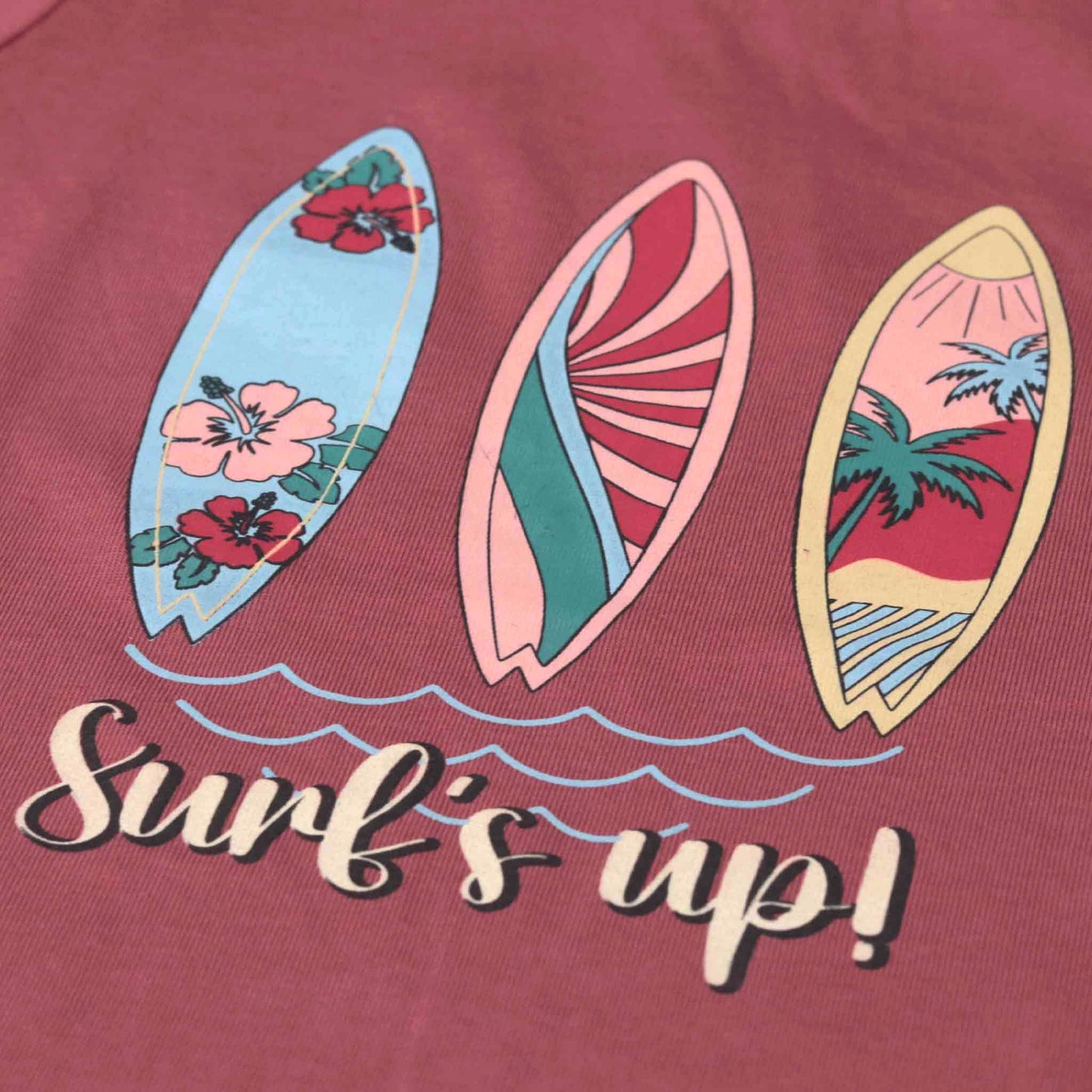 Ollypop Pink Sinker Knit Half Sleeves Top with Surf's Up Text Print