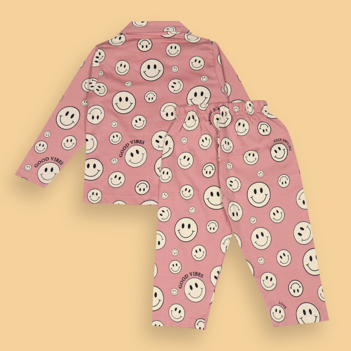 Ollypop Unisex Pink Full Sleeve Smiley Print Night Suit with Full Length Pyjamas