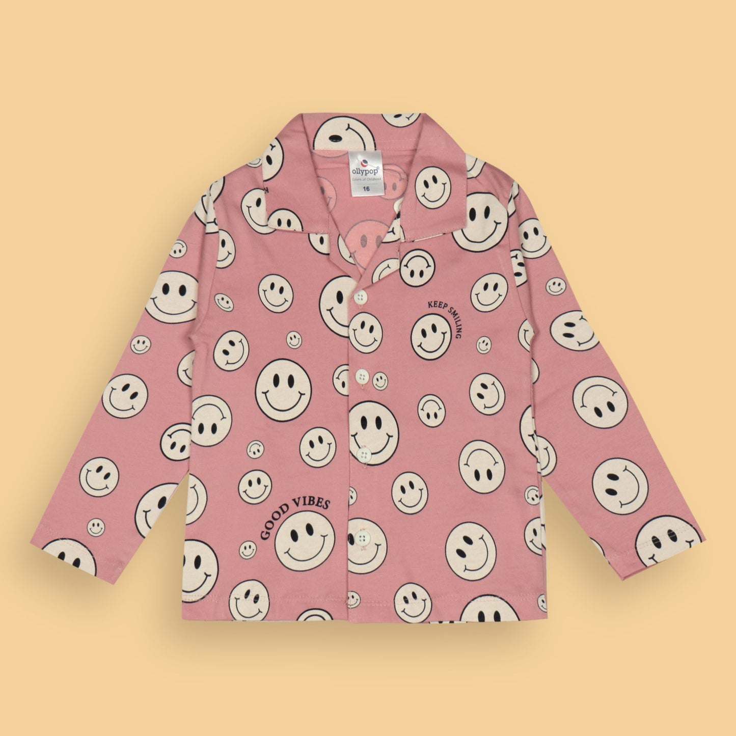 Ollypop Unisex Pink Full Sleeve Smiley Print Night Suit with Full Length Pyjamas