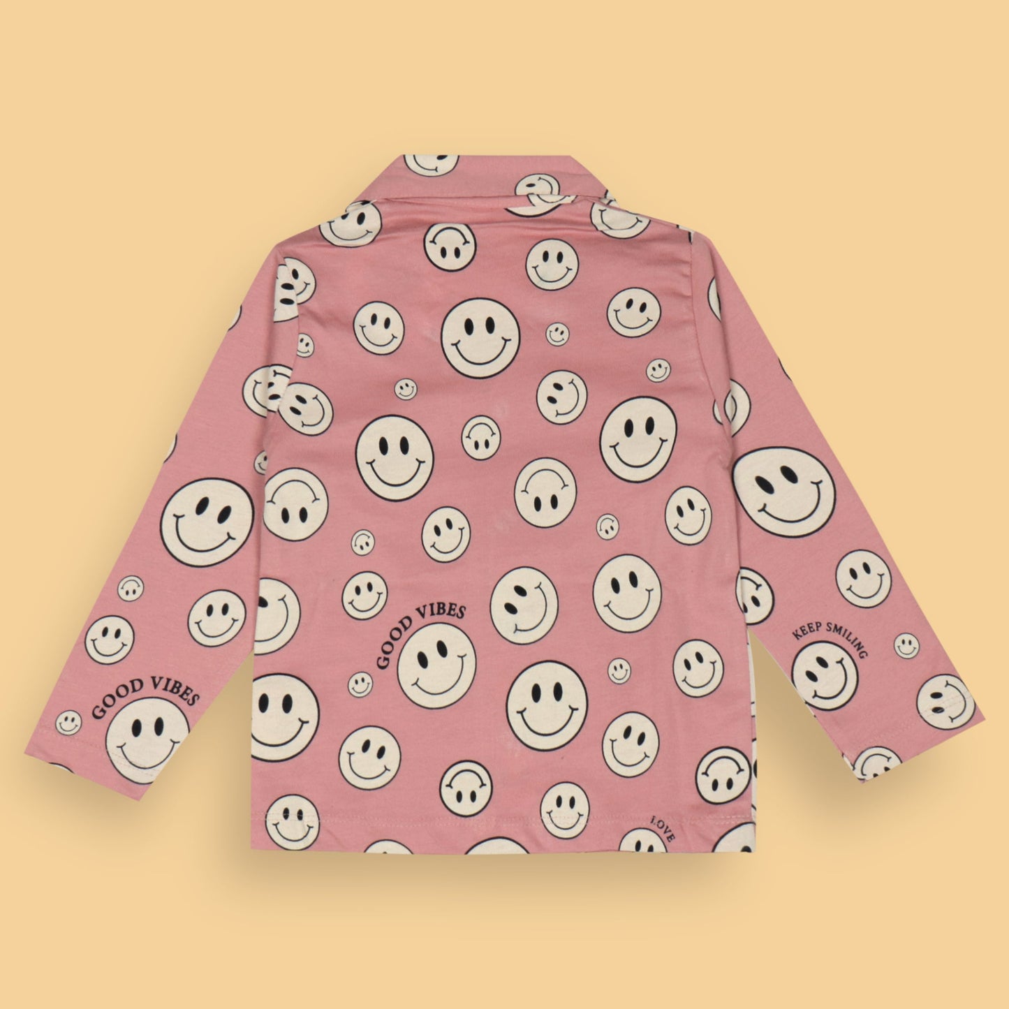 Ollypop Unisex Pink Full Sleeve Smiley Print Night Suit with Full Length Pyjamas