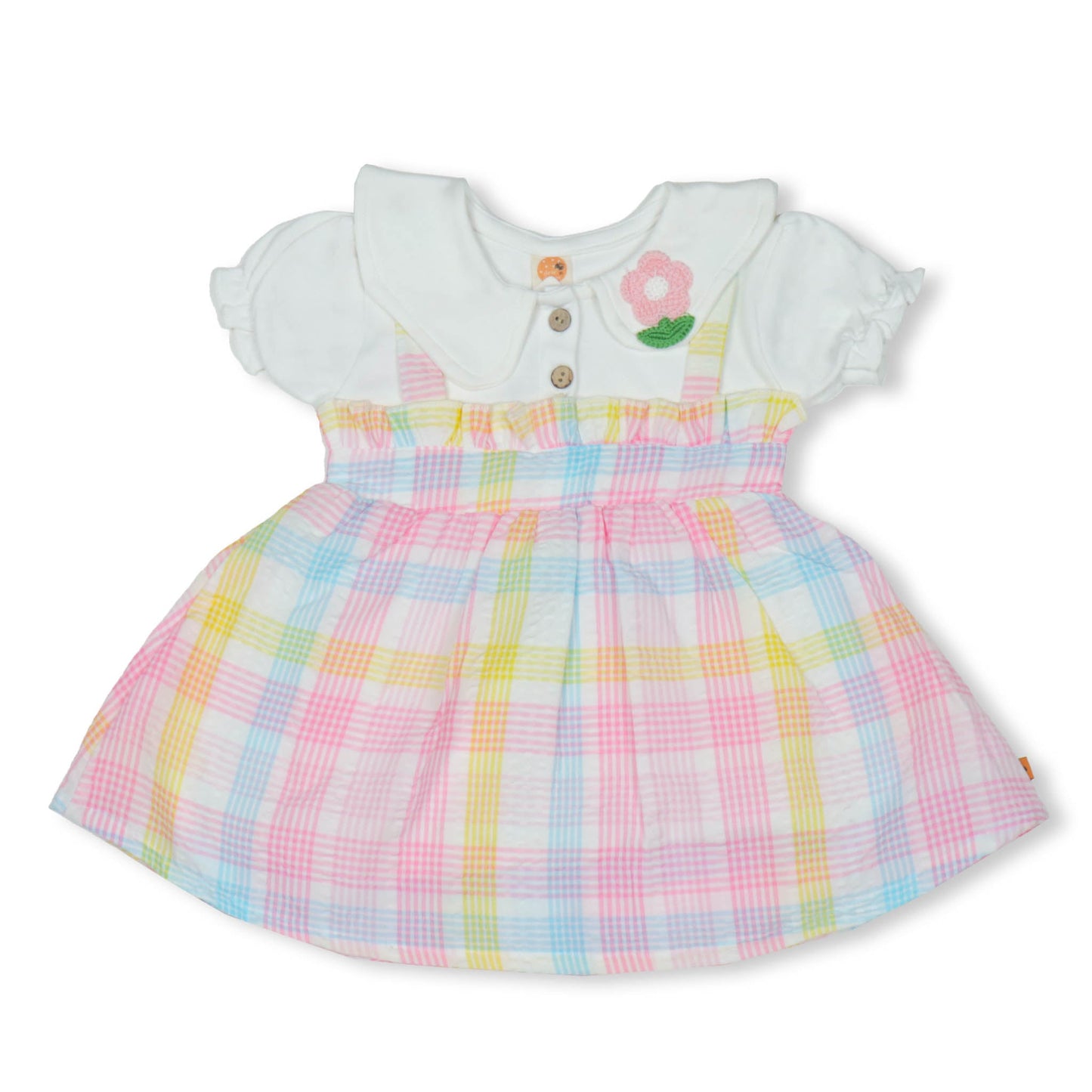 Pretty Dew Drop Girls' Checked Frock – Soft Fabric, Half Sleeves, Peter Pan Collar, Summer Essentials (Pink)