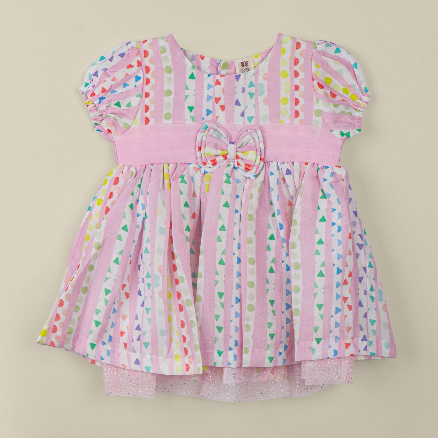 Toffyhouse Girls’ Pink Cotton Blend Printed Frock – Cap Sleeves, Back Button Closure