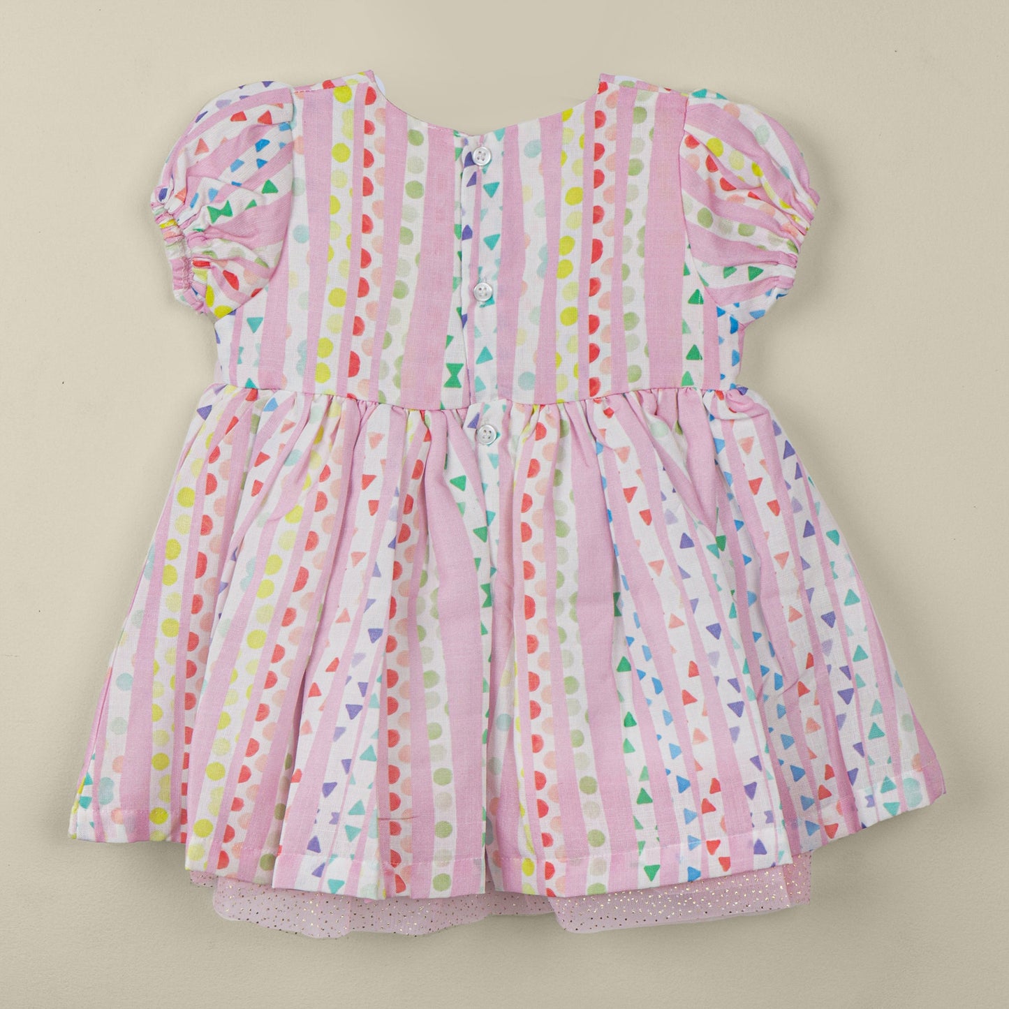 Toffyhouse Girls’ Pink Cotton Blend Printed Frock – Cap Sleeves, Back Button Closure