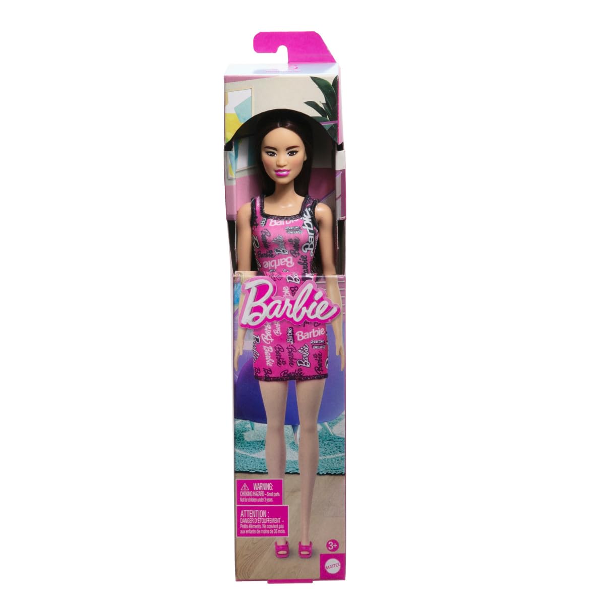 Pretty Barbie Fashion Doll with Brown Hair, Removable Pink Tank Dress & Stylish Footwear