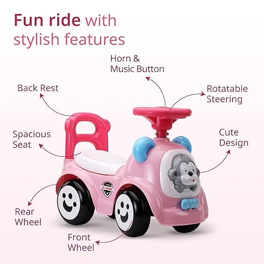 LuvLap Sunny Ride-On Push Car – Pink – Music, Horn, Safety Guard & Storage – 1–3Y