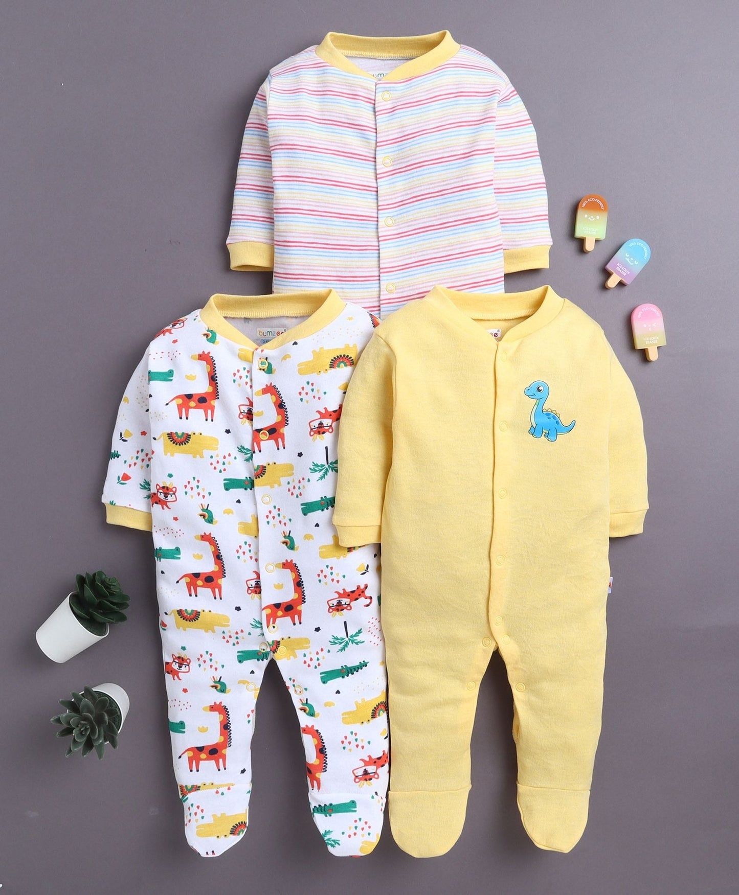 Keep them snug from head to toe with Bumzee’s 3-set footed bodysuits in bright colors!