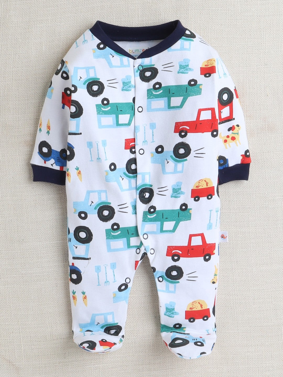 Bumzee’s 3-set cotton bodysuits: full sleeves and footed comfort in white & navy blue for all seasons!