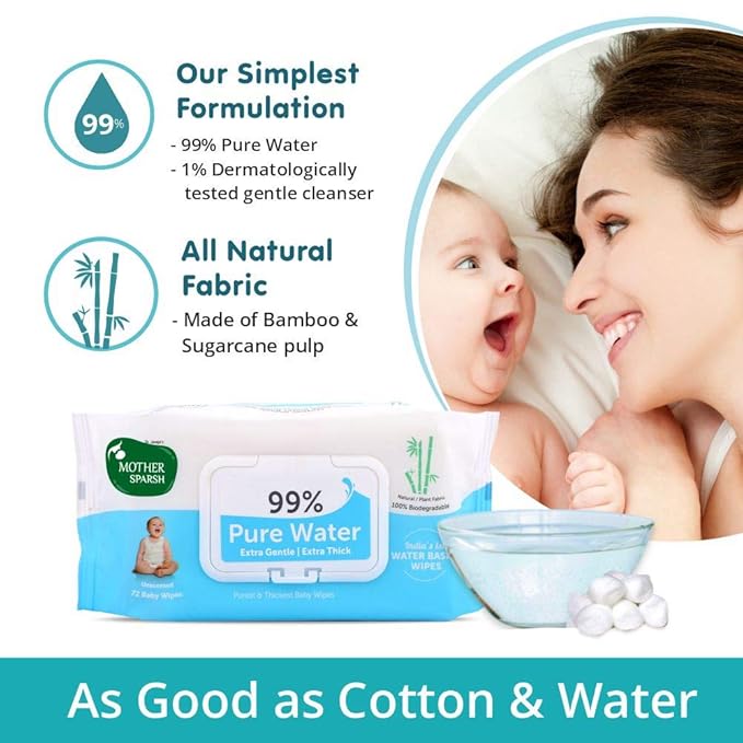 Mother Sparsh 99% Pure Water Baby Wipes, Unscented, Super Thick Fabric, 72 pcs