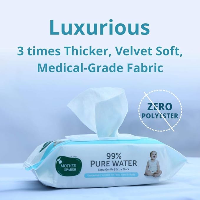 Mother Sparsh 99% Pure Water Baby Wipes, Unscented, Super Thick Fabric, 72 pcs