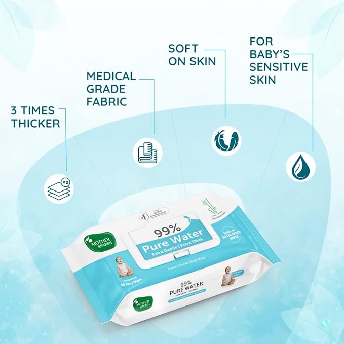 Mother Sparsh 99% Pure Water Baby Wipes, Unscented, Plant-Based, Super Thick, 72 pcs x 2 (Super Saver Pack