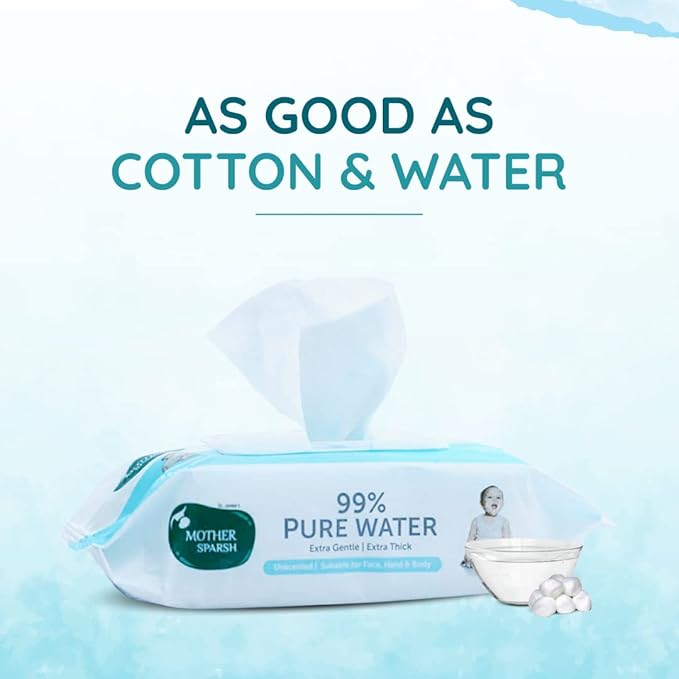 Mother Sparsh 99% Pure Water Baby Wipes, Unscented, Plant-Based, Super Thick, 72 pcs x 2 (Super Saver Pack