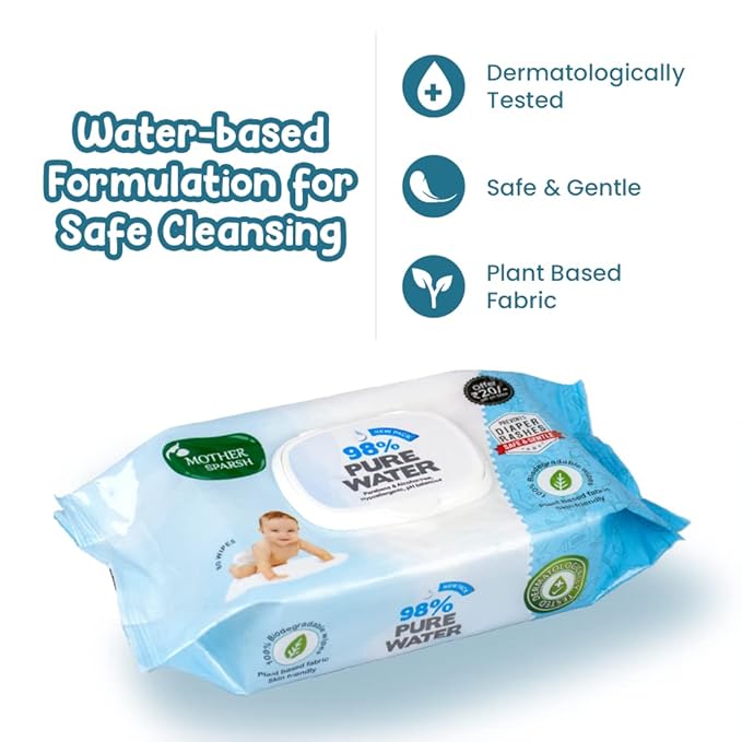 Mother Sparsh 98% Water Baby Wipes, Plant-Based, 80 pcs