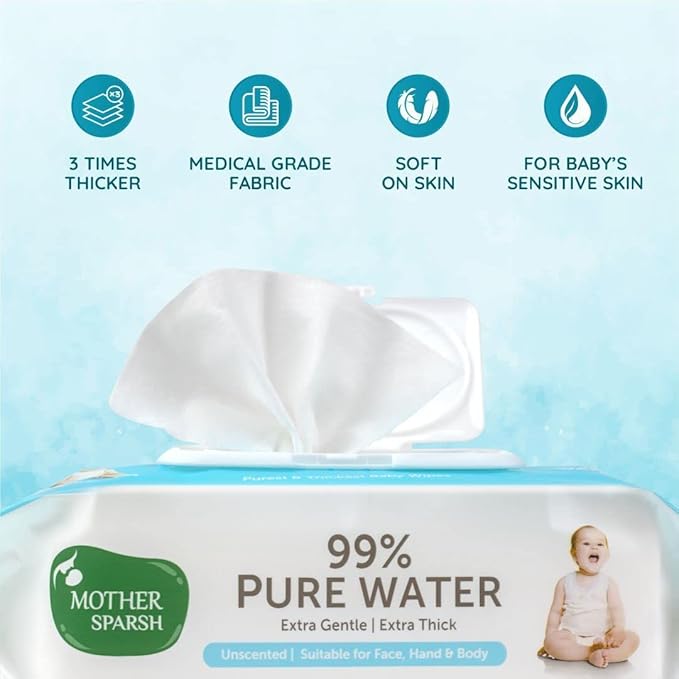 Mother Sparsh 99% Pure Water Baby Wipes, Unscented, Plant-Based, Super Thick, 72 pcs x 3 (Pack of 3)