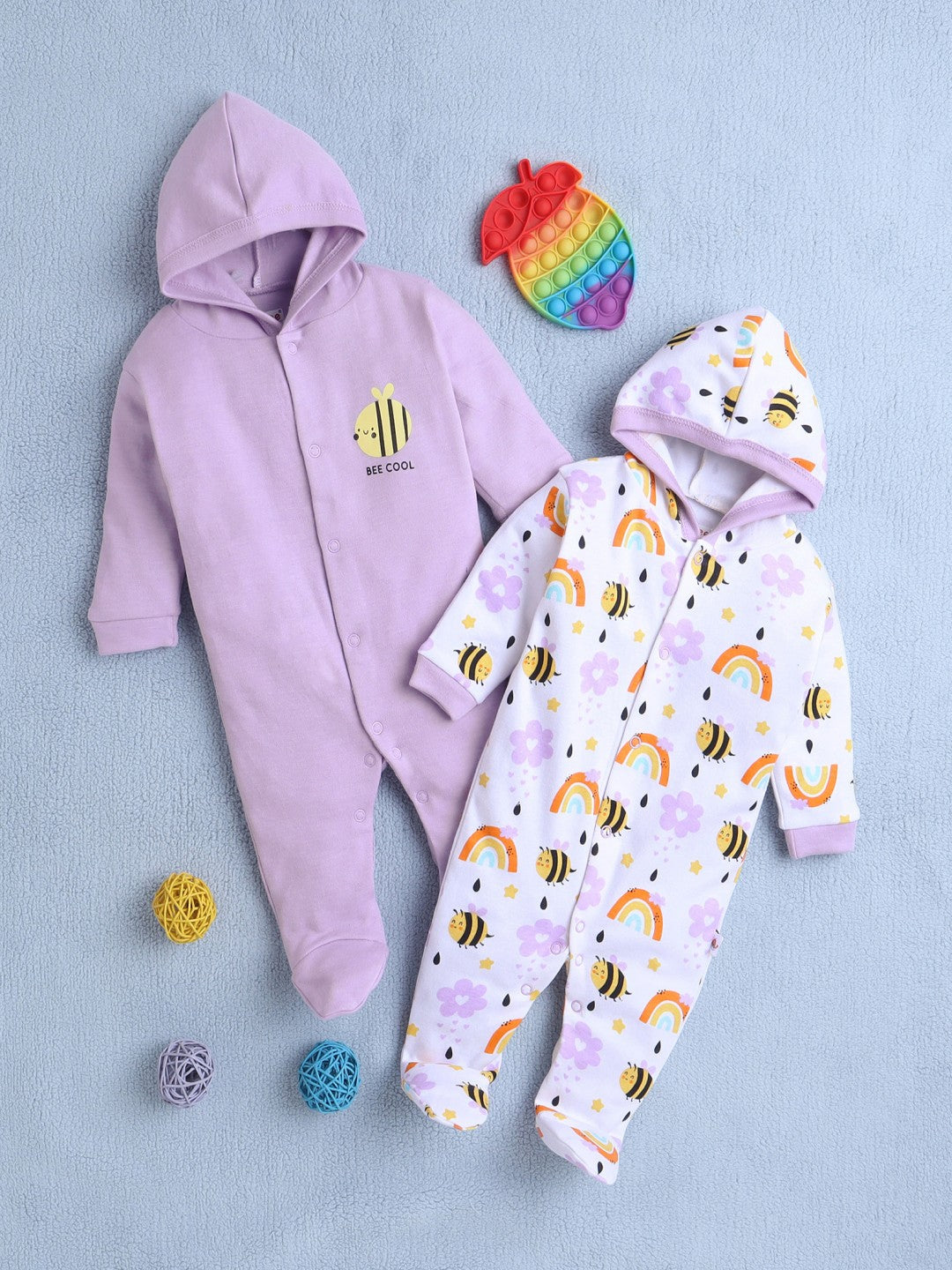 Bumzee’s 2-pack cotton bodysuits: full sleeves, hooded fun, and “BEE COOL” charm to wear!