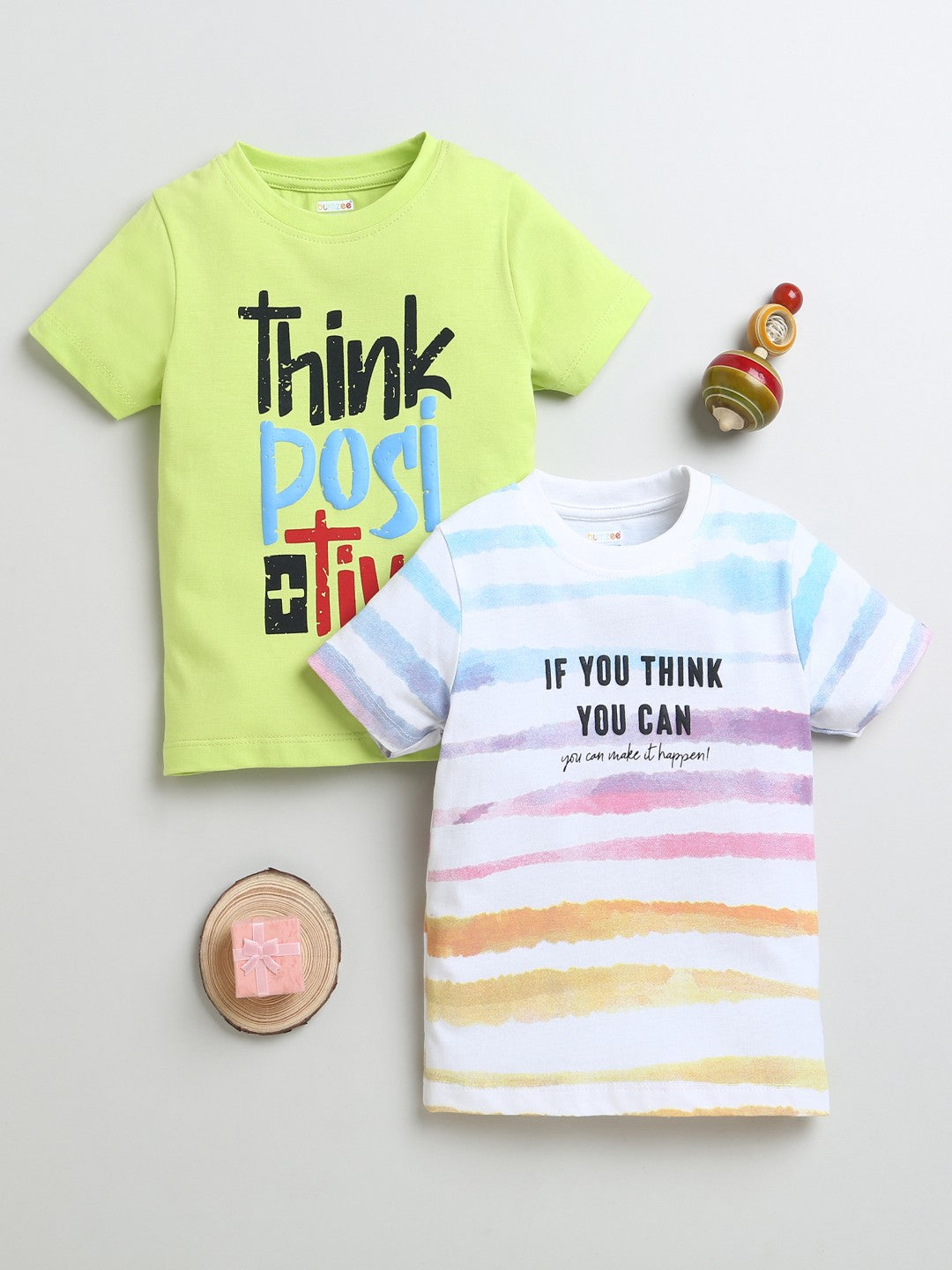 Slip into style with Bumzee’s boys’ T-shirts duo—bright colors and motivating prints!
