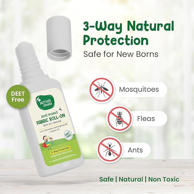 Mother Sparsh Natural Mosquito Repellent Fabric Roll-On, Babies, 3-Way Protection, 12ml