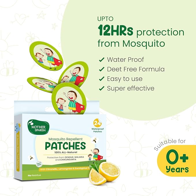 Mother Sparsh 100% Natural Mosquito Repellent Patches, Citronella, Lemongrass & Eucalyptus Oil, 12hr Protection, Guards Against Dengue/Malaria/Chikungunya, 24 Patches