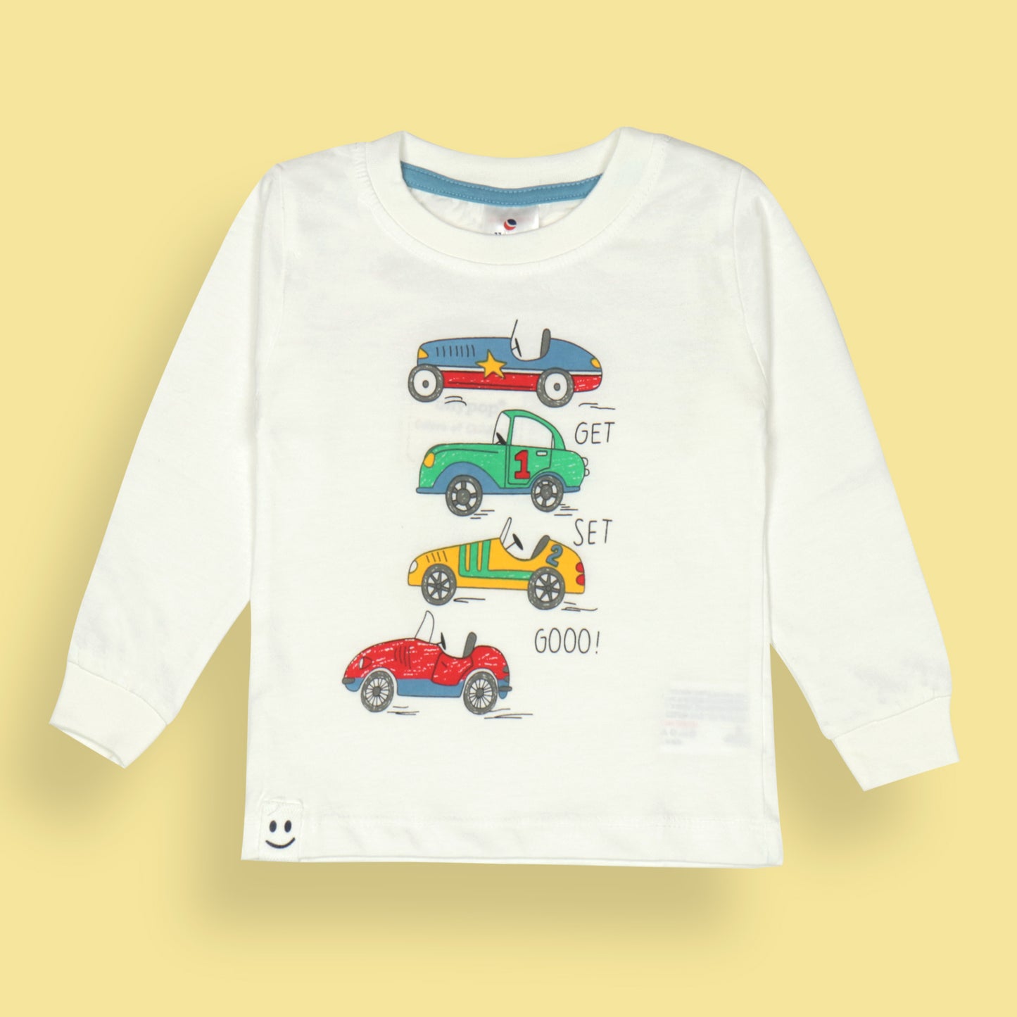 Ollypop White Full Sleeve T-Shirt – For Boys Who Like to Zoom Past Boring, “Get Set Go!” Mode Activated