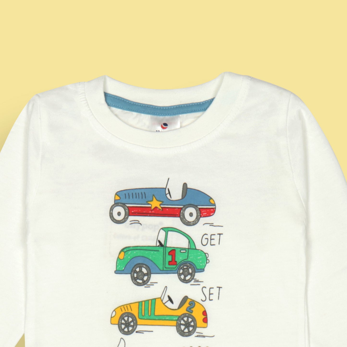 Ollypop White Full Sleeve T-Shirt – For Boys Who Like to Zoom Past Boring, “Get Set Go!” Mode Activated