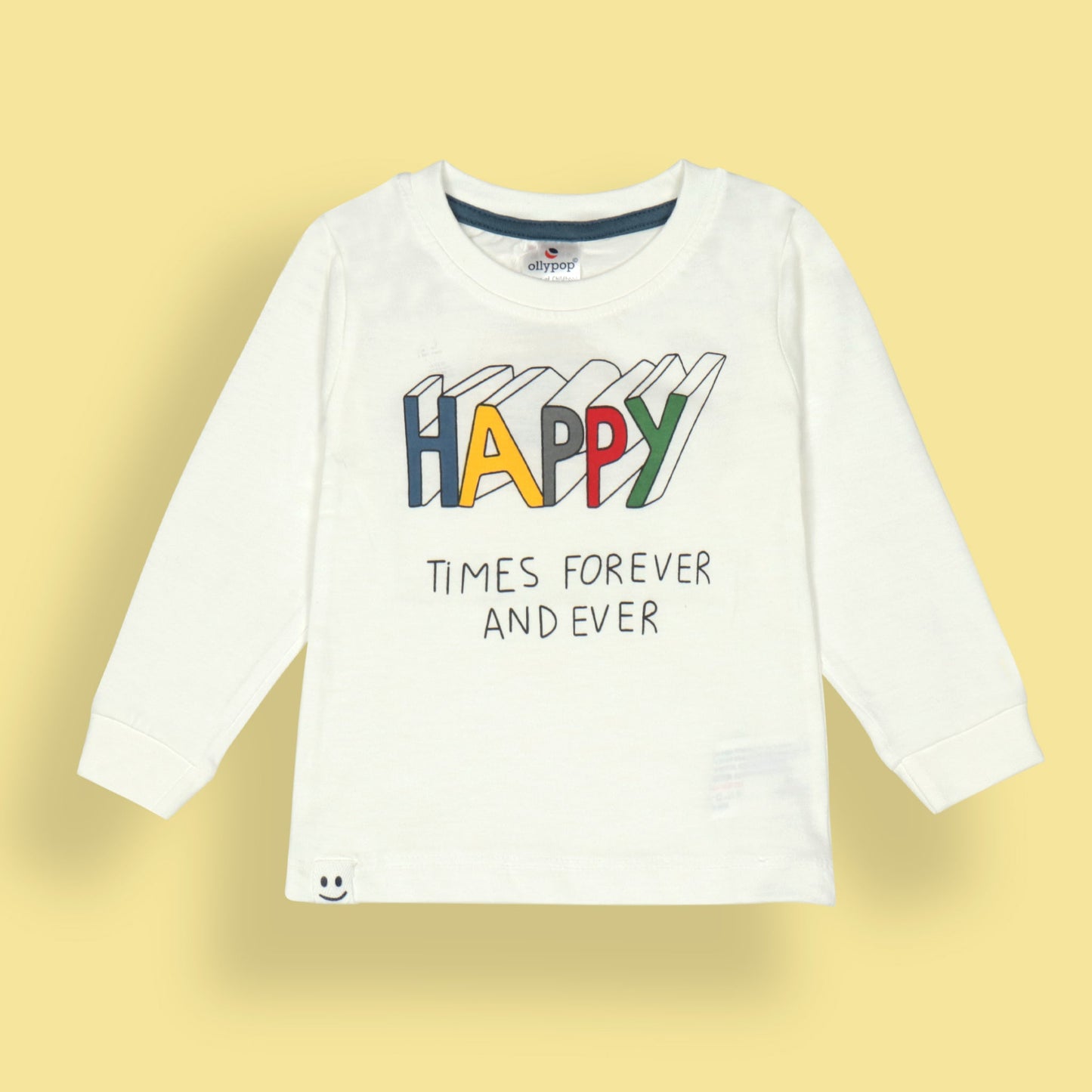 Ollypop White Full Sleeve Boys’ T-Shirt – “HAPPY Times Forever And Ever” Slogan, Comfy Sinker Fabric, Everyday Smiles