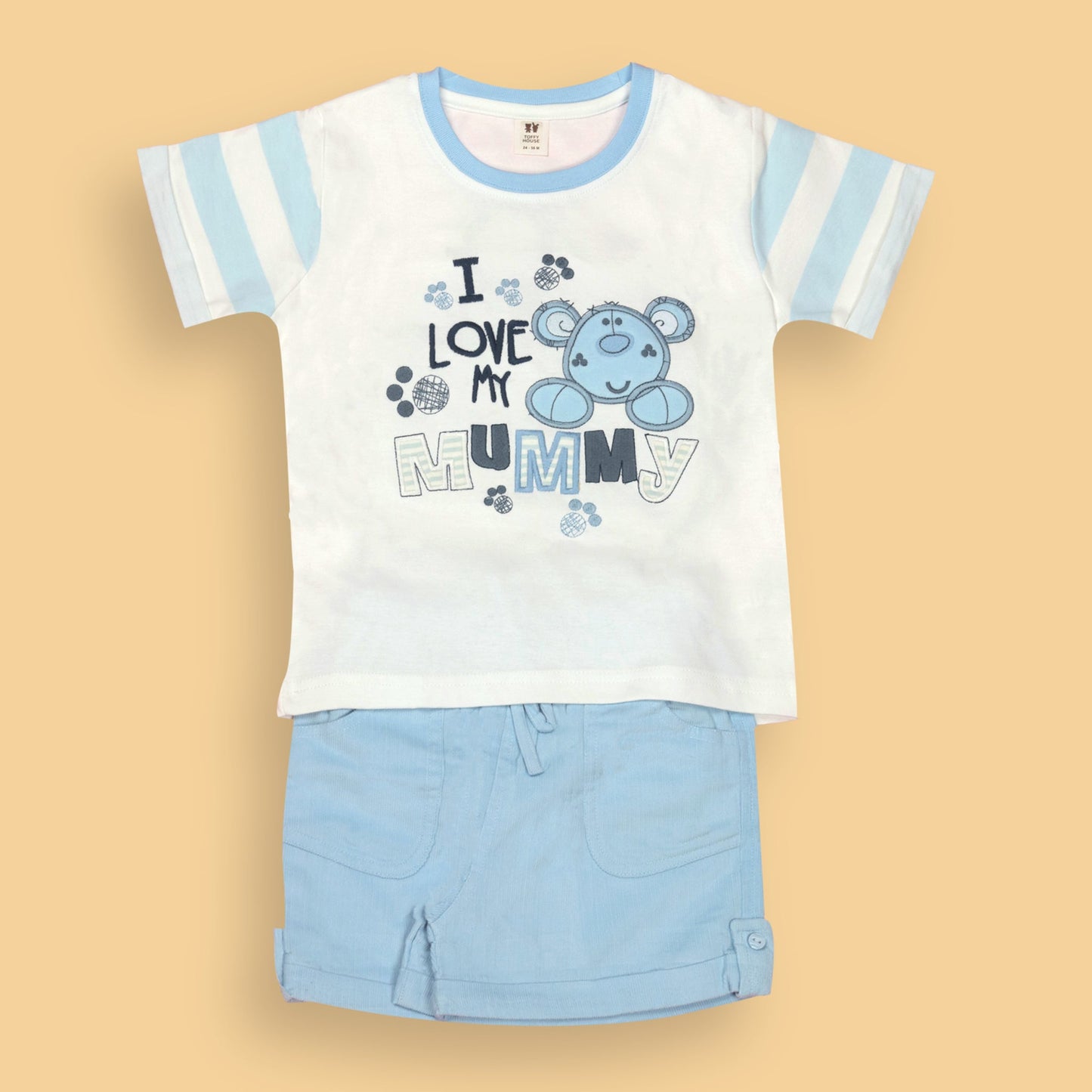 Toffyhouse Boys' White Sensory Z Cotton Set – Embroidered "I Love My Mummy" Half Sleeve T-Shirt & Comfort Fit Shorts