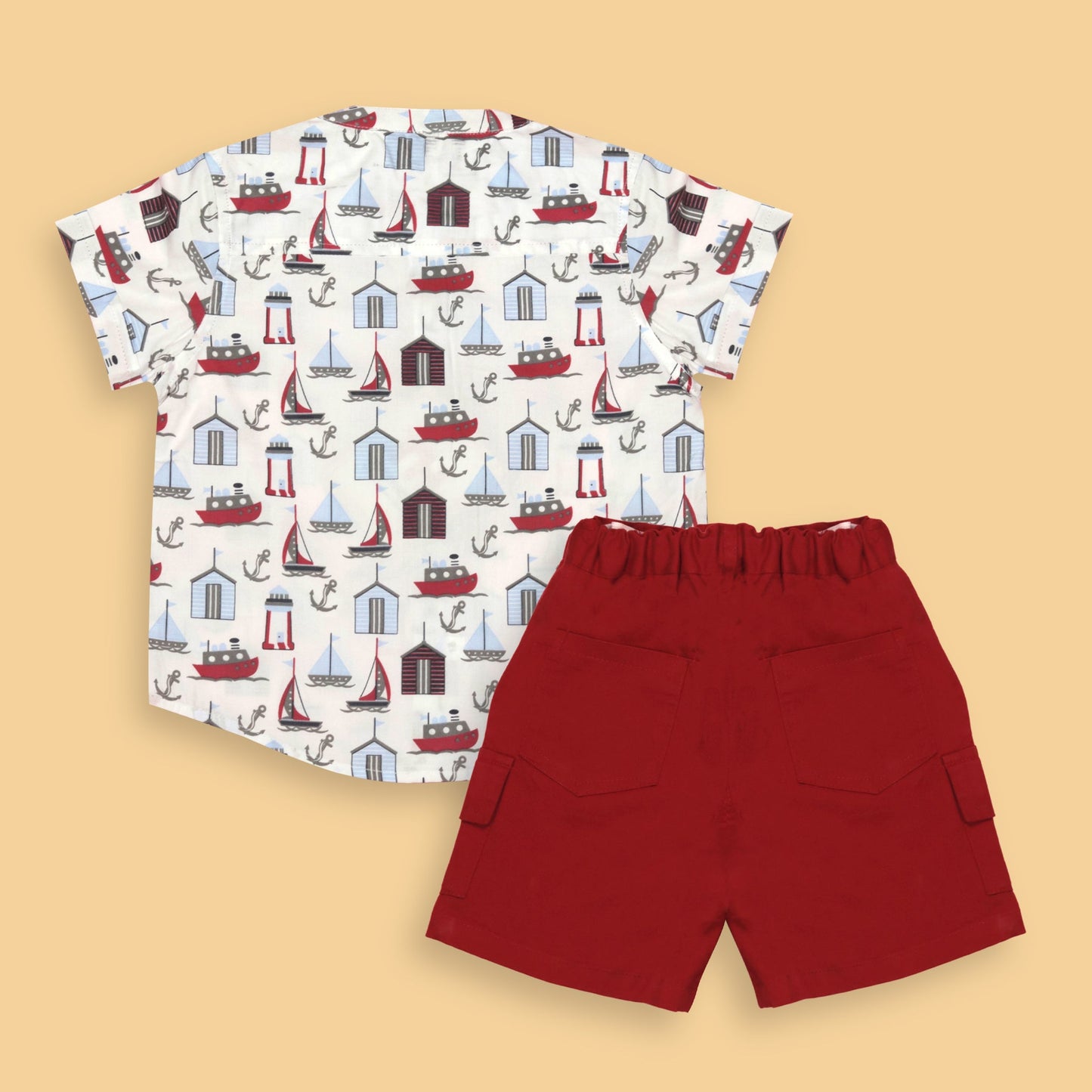 Toffyhouse Soft Cotton Boys’ Set – White, Sea theme, Mandarin Collar, Half Sleeves