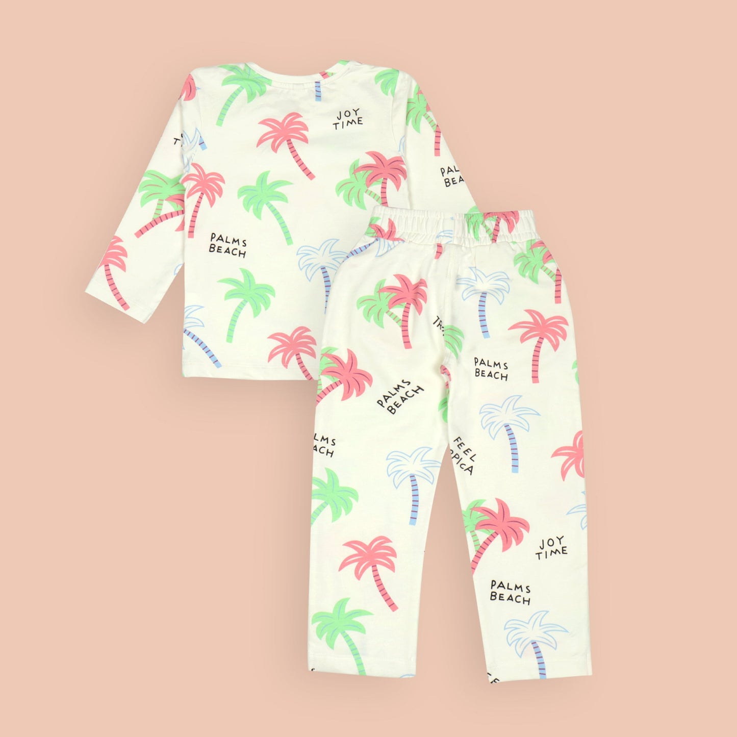 Orrigany White T-Shirt & Pant Set – Soft Sinker Fabric, Full Sleeves, Coconut Trees Print with Joyful “Palms Beach” Text