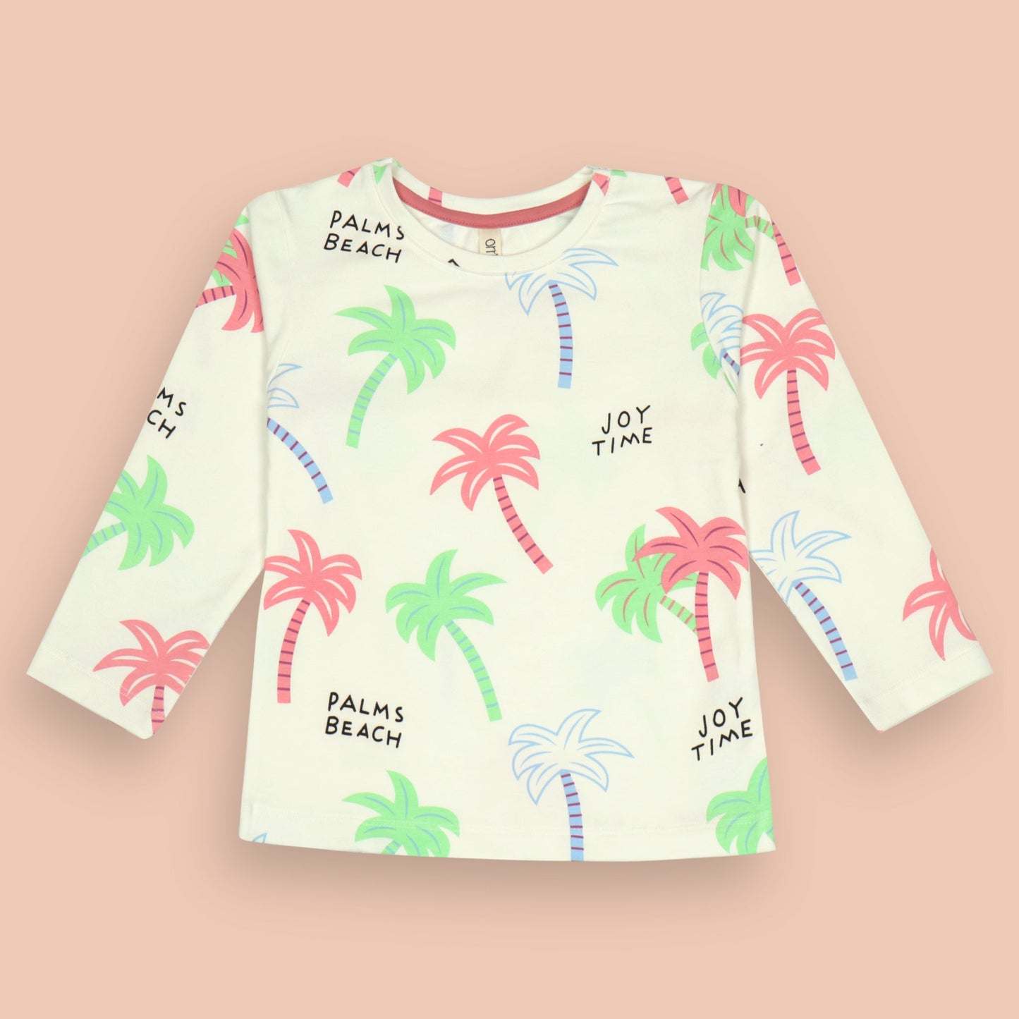 Orrigany White T-Shirt & Pant Set – Soft Sinker Fabric, Full Sleeves, Coconut Trees Print with Joyful “Palms Beach” Text