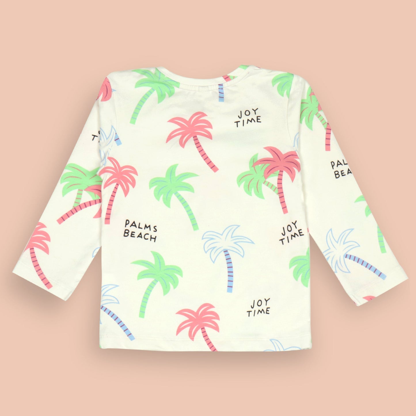Orrigany White T-Shirt & Pant Set – Soft Sinker Fabric, Full Sleeves, Coconut Trees Print with Joyful “Palms Beach” Text