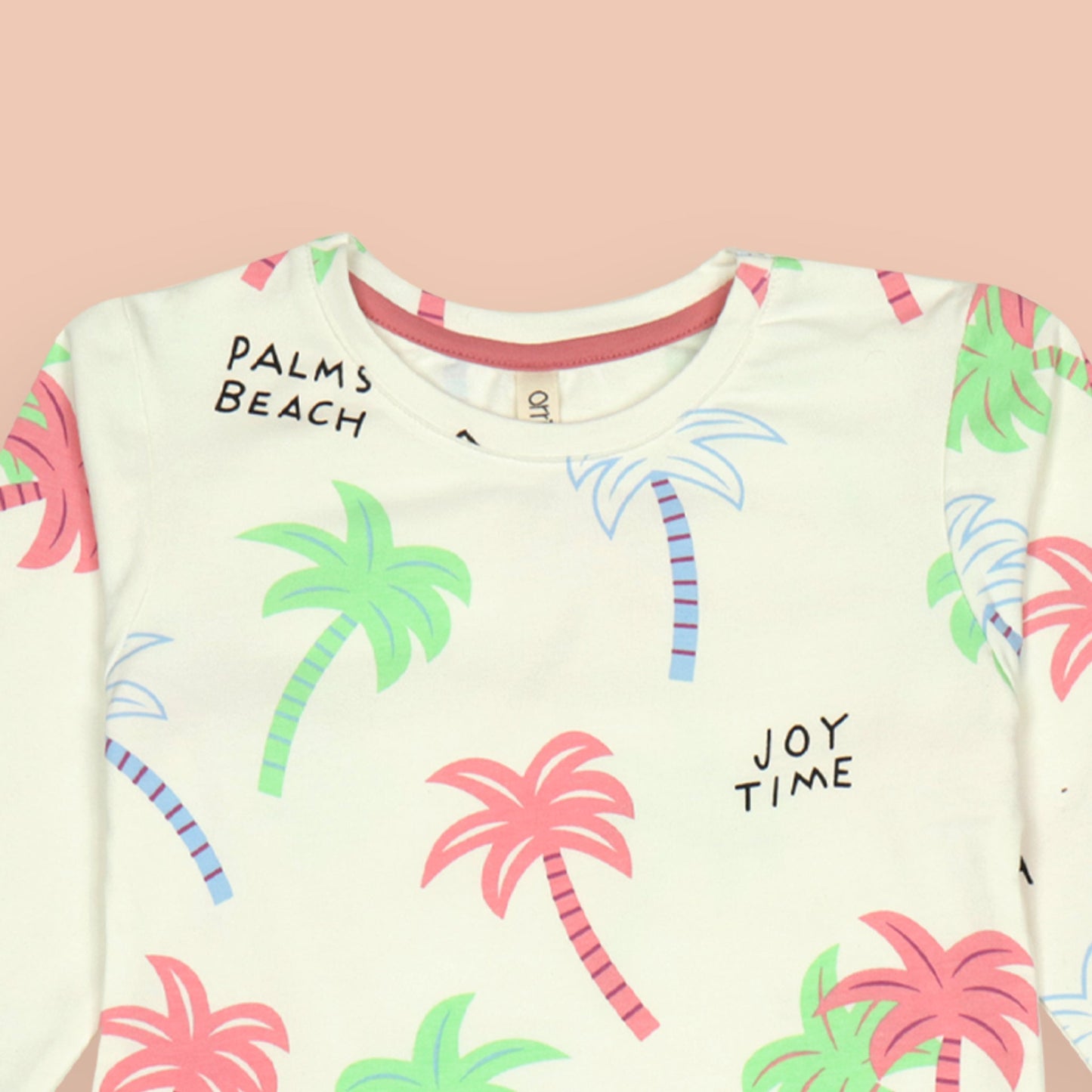 Orrigany White T-Shirt & Pant Set – Soft Sinker Fabric, Full Sleeves, Coconut Trees Print with Joyful “Palms Beach” Text