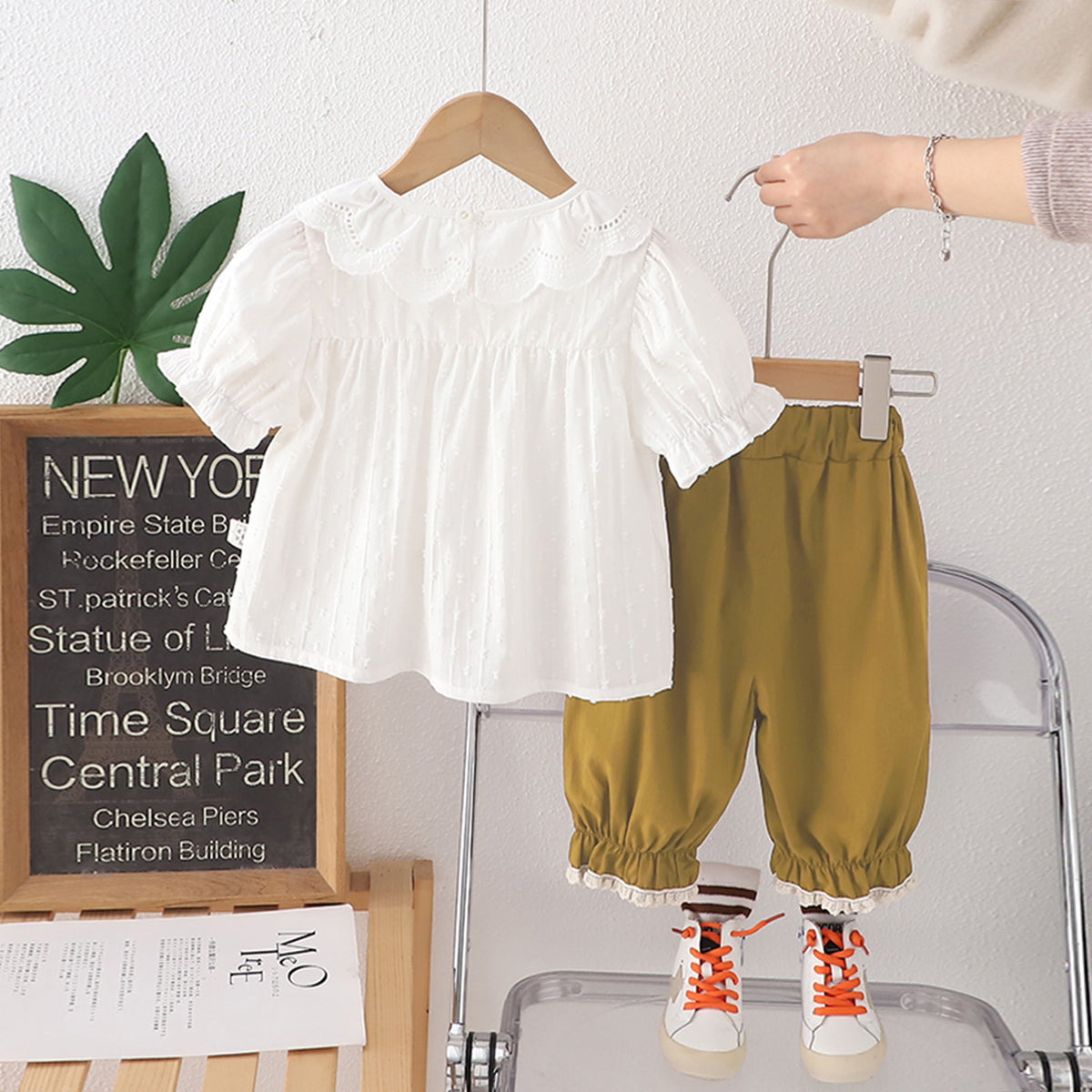 Girls White Short Sleeves Top With Khaki
Pants Set