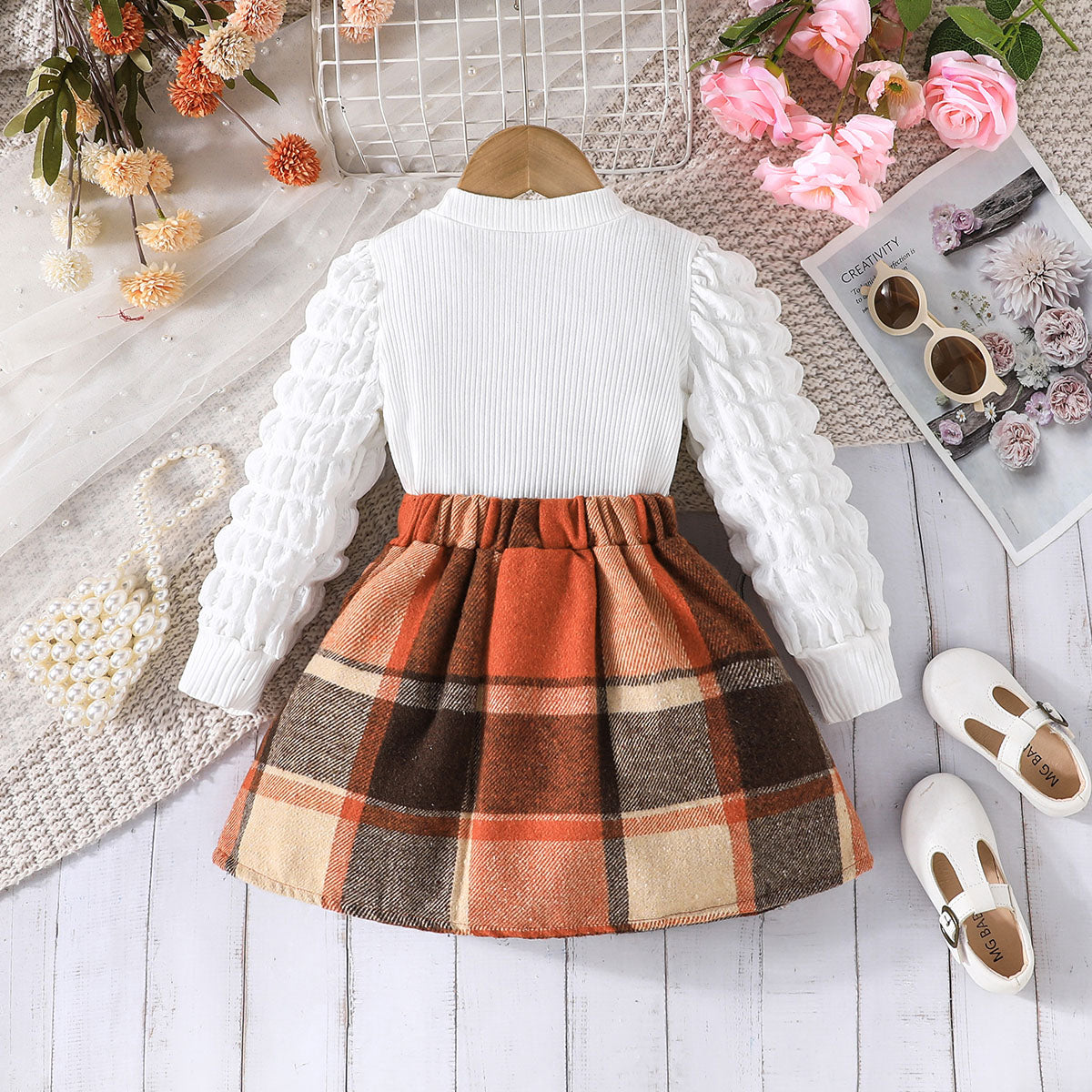 Girls Puff Sleeves Top With Multicolor
Checked Skirt Set