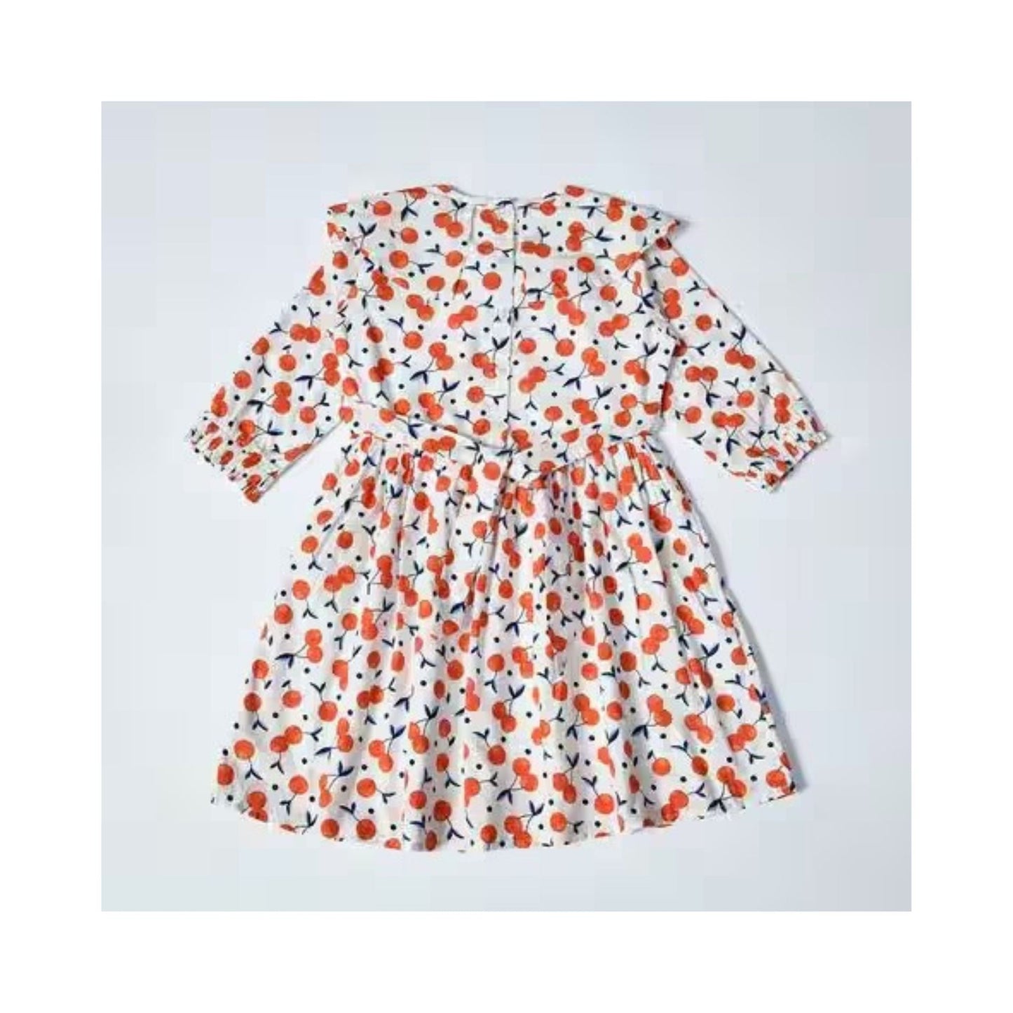 Bella Moda Girls Cotton One-Piece Frock – Soft Full Sleeve, Peter Pan Collar with Back Buttons – All-Over Cherry Prints for Smart Outdoor, Party & Festival Wear