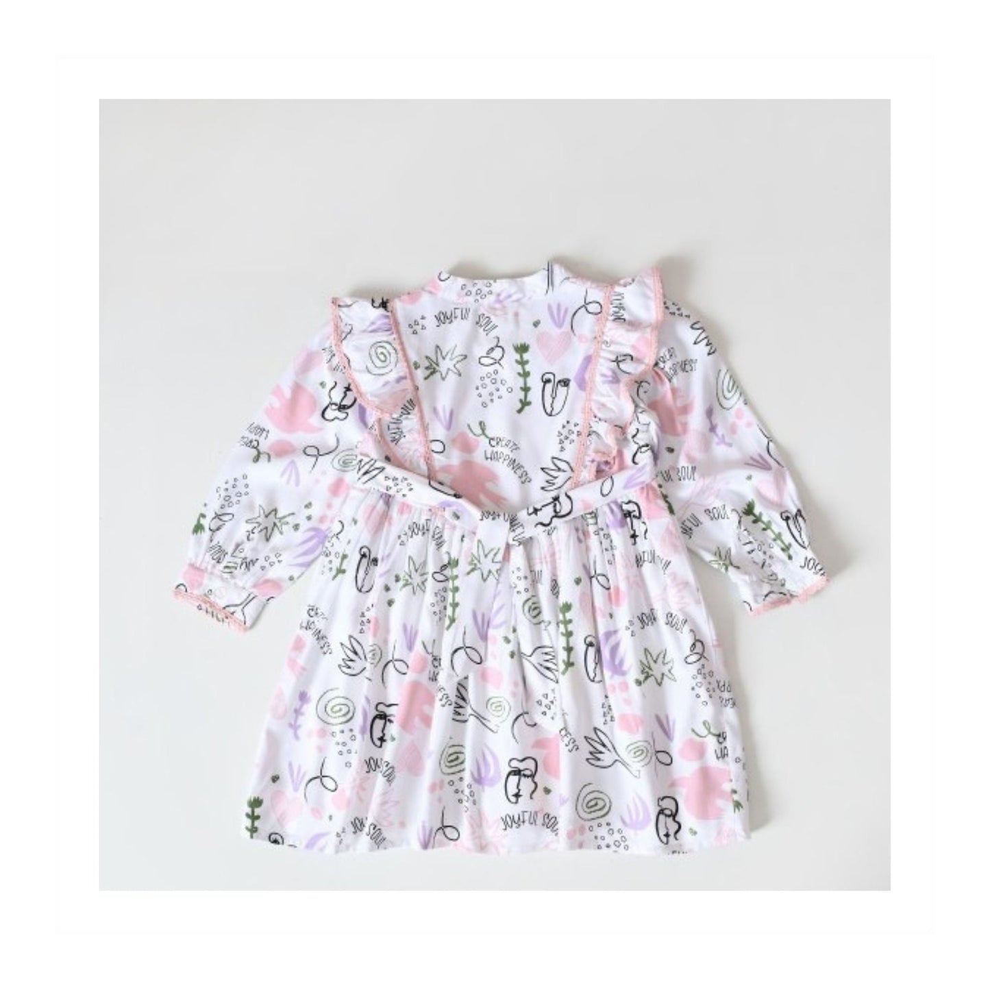 Bella Moda Girls’ White Cotton Printed Full Sleeve Flared Frock with Mandarin Collar