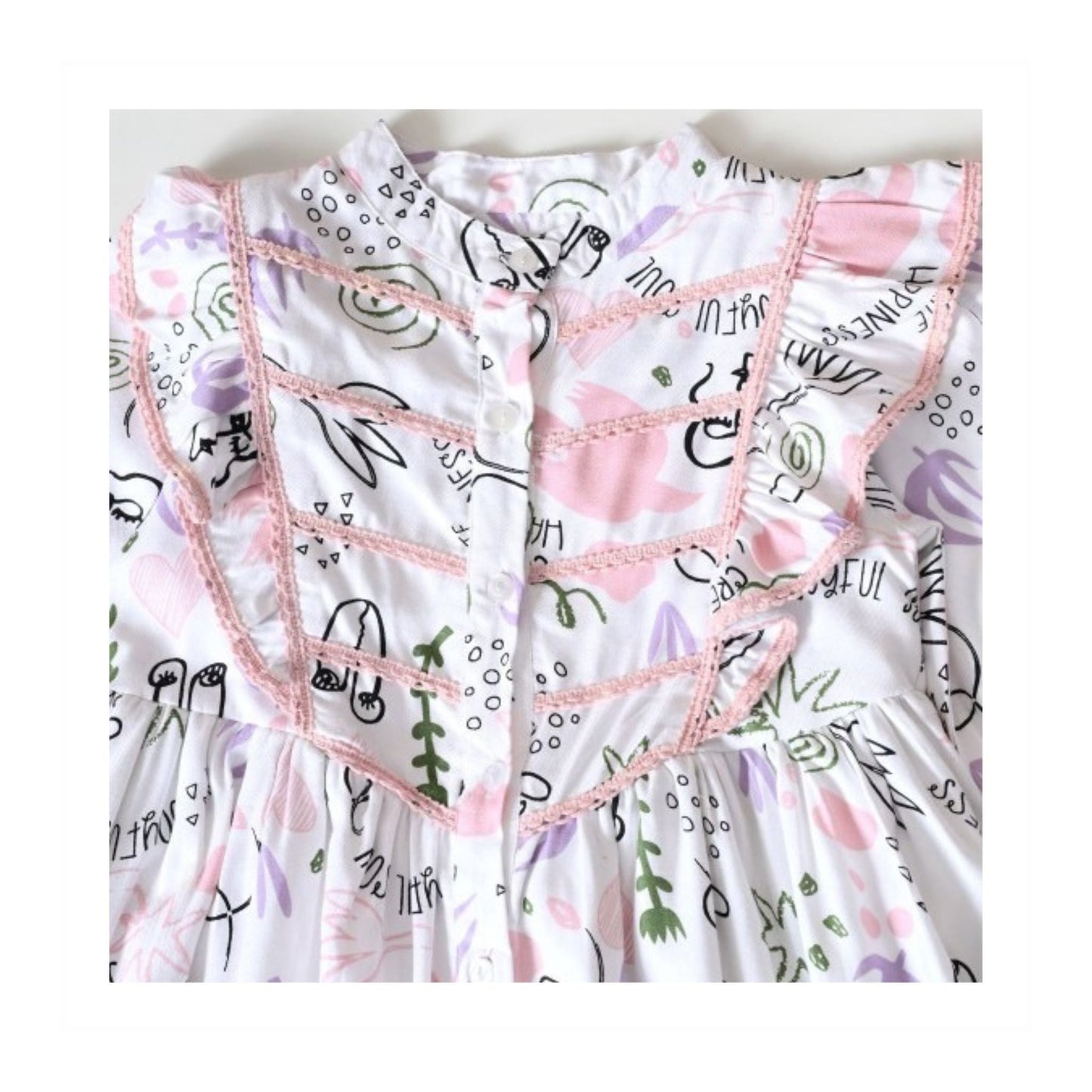 Bella Moda Girls’ White Cotton Printed Full Sleeve Flared Frock with Mandarin Collar