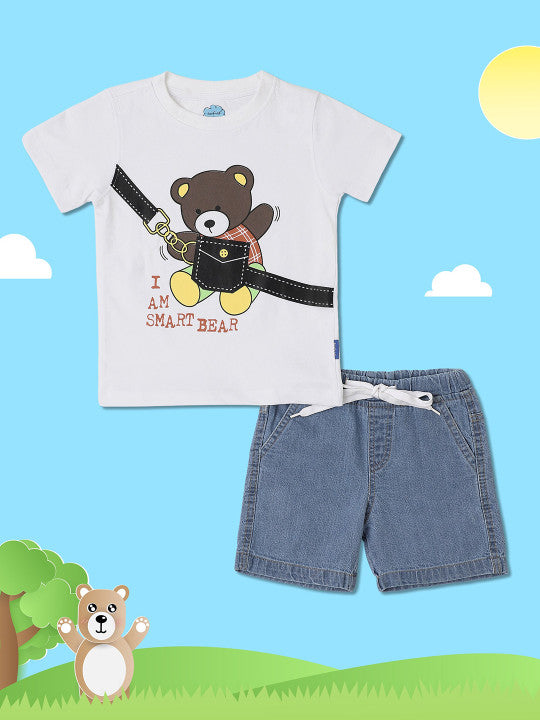 I Am Smart Bear' Denim Shorts Set