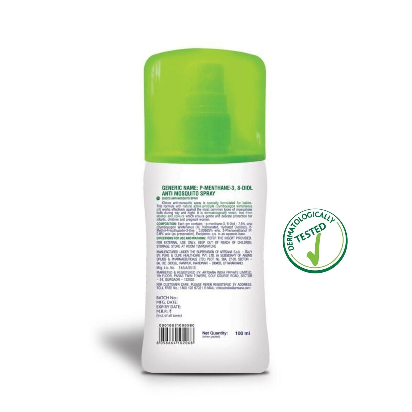 Chicco Anti-Mosquito Spray for Babies 100ml – Natural Protection, DEET-Free, Alcohol-Free, Dermatologically Tested